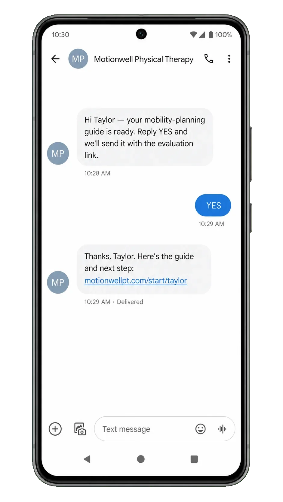 Inquiry follow-up text, addressed by first name: your mobility-planning guide is ready, reply YES and we’ll send it with the evaluation link; the YES; then the guide and the next step, the link.