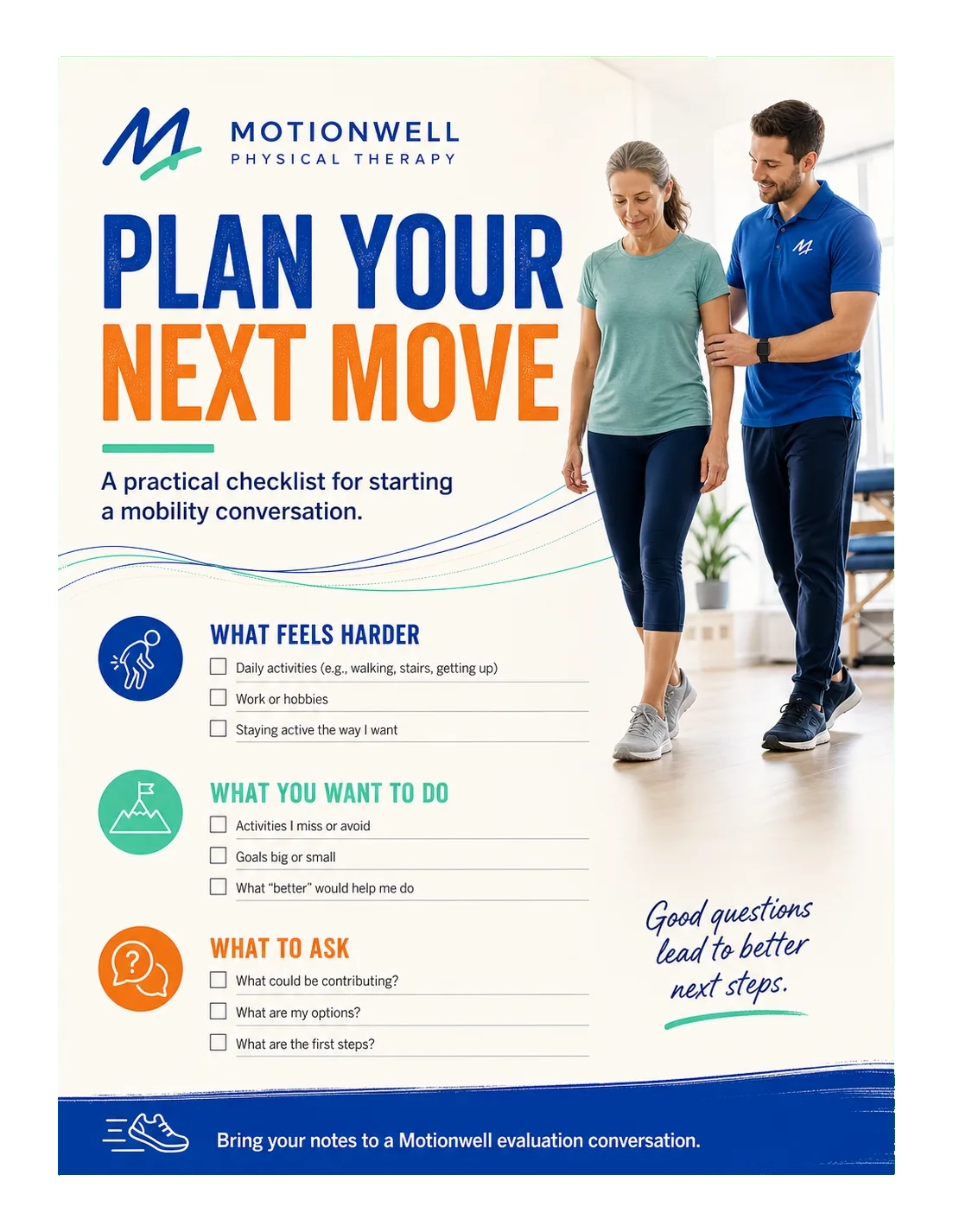 Mobility-planning checklist: plan your next move, a practical checklist for starting a mobility conversation; what feels harder, what you want to do, what to ask; bring your notes to an evaluation conversation.