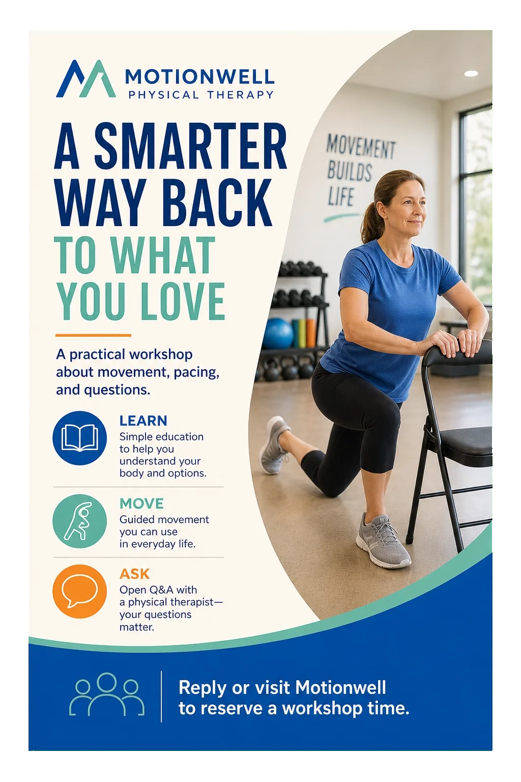 Return-to-activity workshop postcard: a smarter way back to what you love, a practical workshop about movement, pacing and questions; learn, move, ask; reply or visit the clinic to reserve a workshop time.
