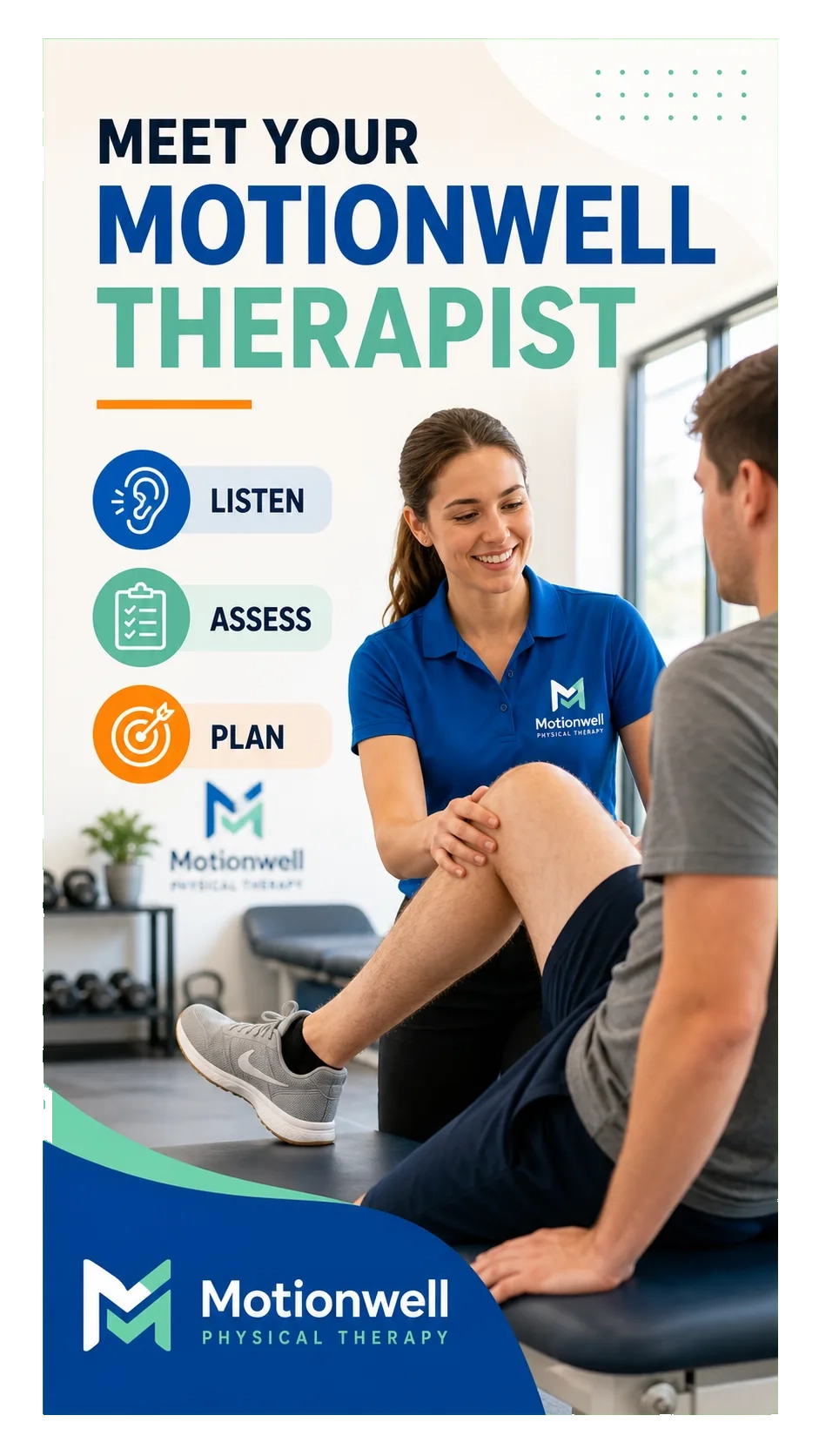 Therapist-introduction Reel cover: meet your therapist; listen, assess, plan; the therapist at the table with a patient; the clinic’s name at the foot.