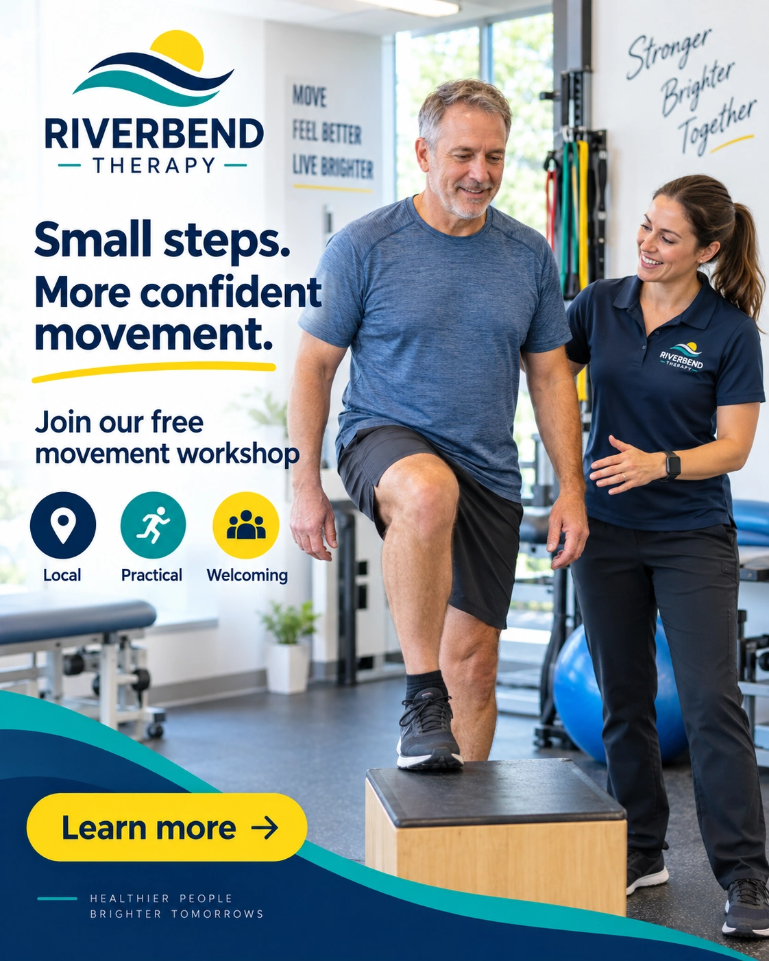 Workshop feed unit: small steps, more confident movement; join our free movement workshop; local, practical, welcoming; the therapist guiding a patient’s step; learn more.