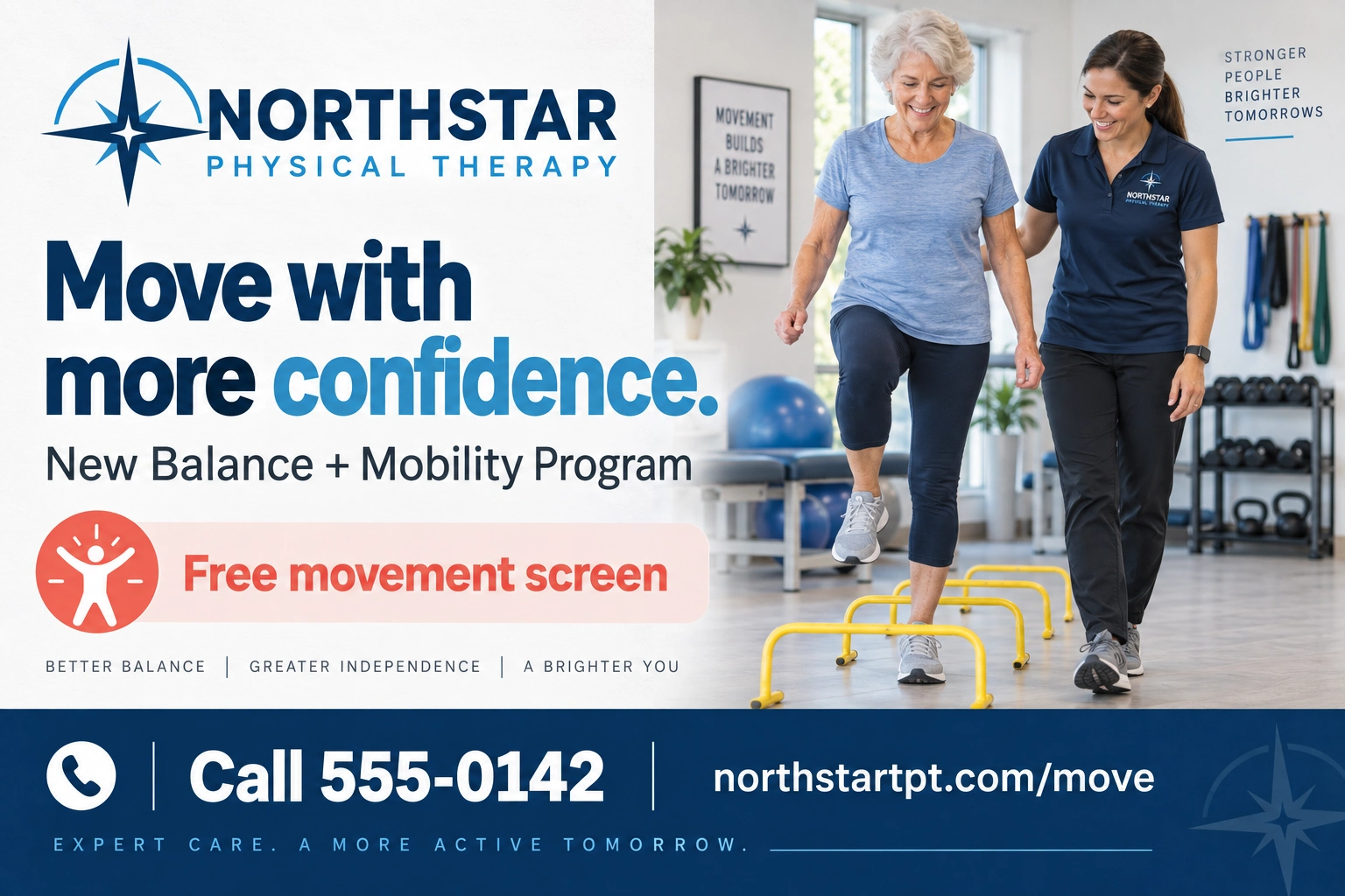 Seasonal postcard: move with more confidence; the new balance and mobility program, a free movement screen; the therapist beside a patient stepping over the hurdles; call, and the clinic’s web address.