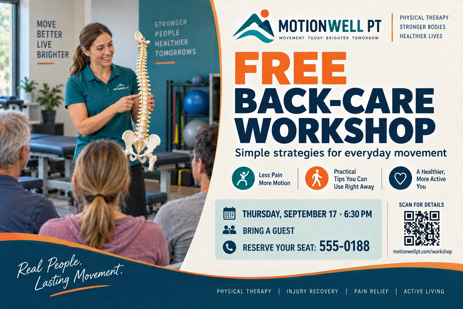 Workshop postcard: free back-care workshop, simple strategies for everyday movement; the date and time printed on the card; bring a guest; reserve your seat by phone; the therapist with the spine model before the room.