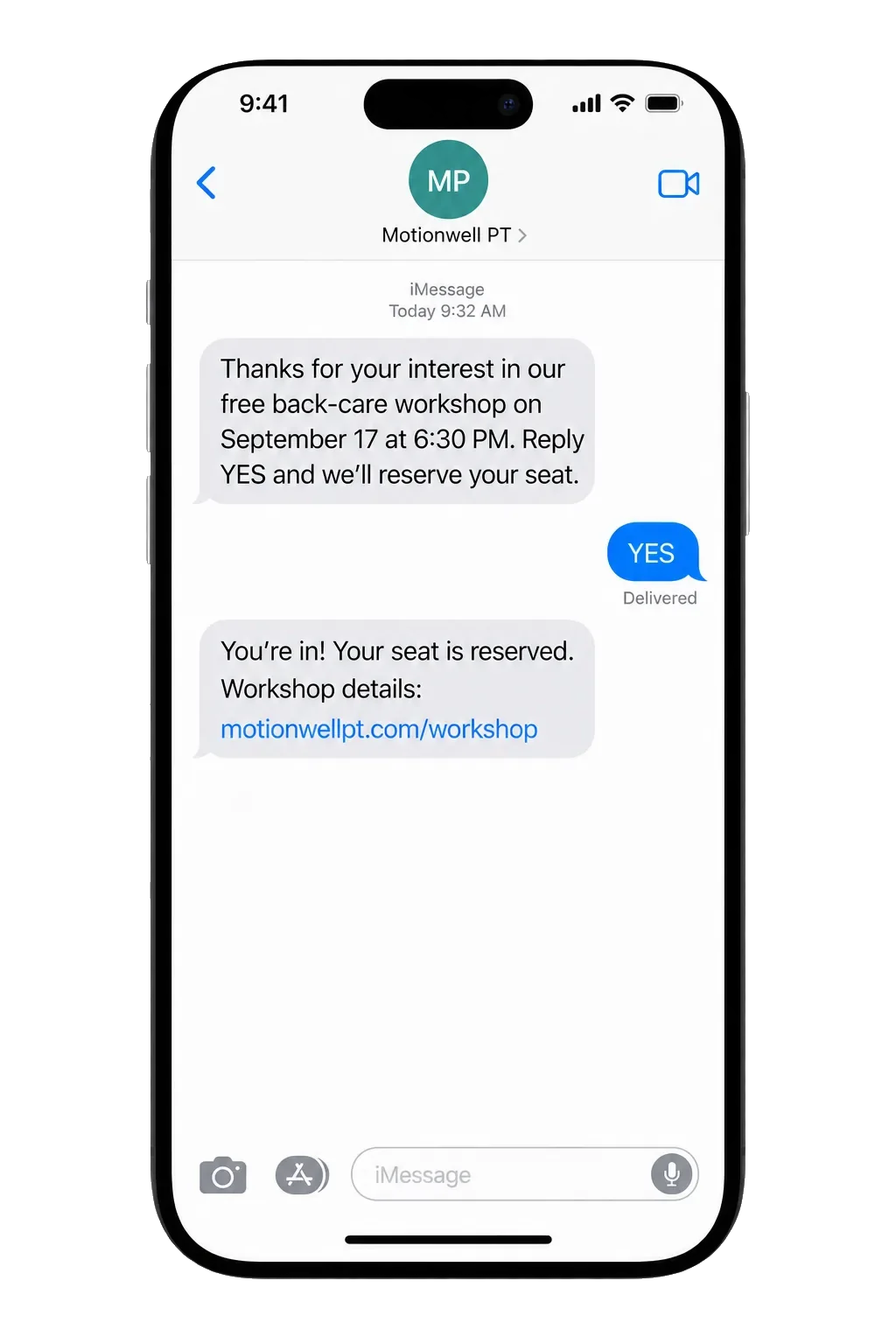 Workshop confirmation text: thanks for your interest in our free back-care workshop, reply YES and we’ll reserve your seat; the YES; then you’re in, your seat is reserved, the workshop details link.