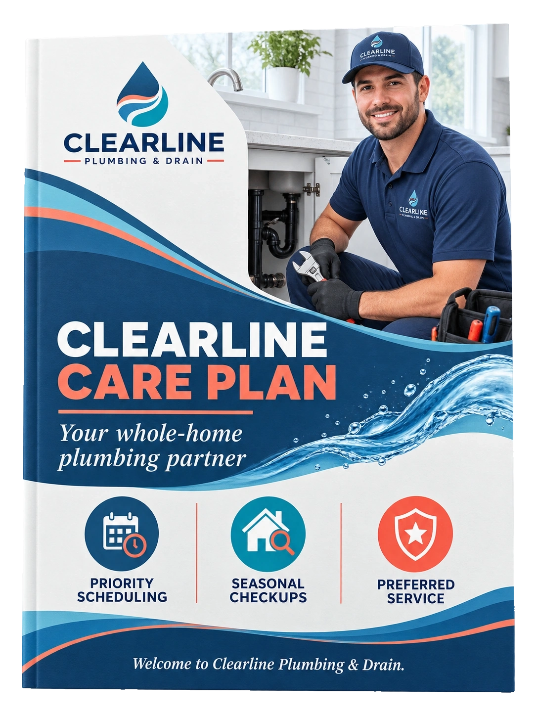Care plan welcome folder: your whole-home plumbing partner; priority scheduling, seasonal checkups, preferred service; welcome to Clearline Plumbing & Drain.