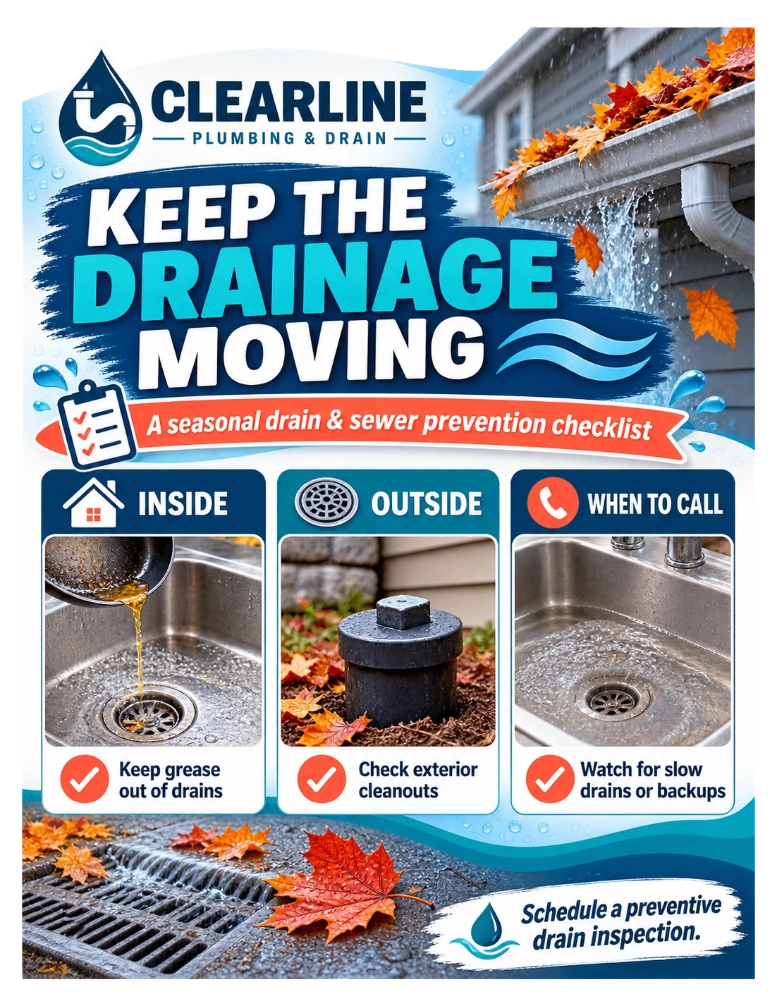 Drain and sewer prevention checklist: keep the drainage moving; inside, outside, when to call — keep grease out of drains, check exterior cleanouts, watch for slow drains or backups.