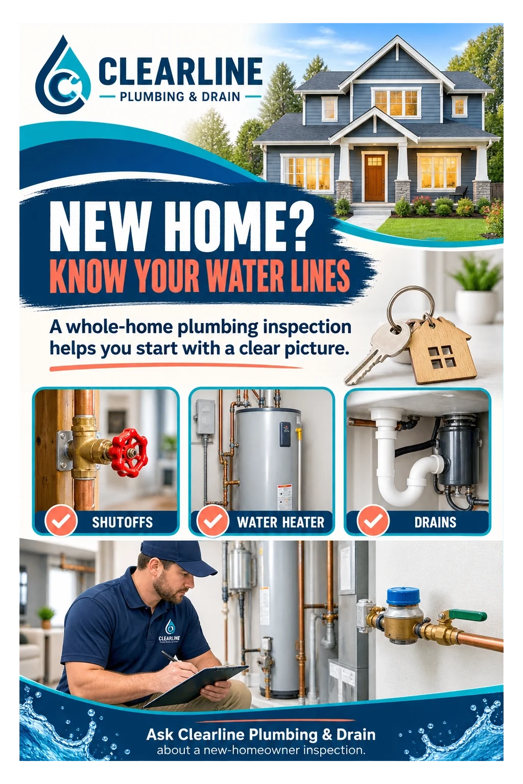 New-homeowner inspection postcard: new home, know your water lines; a whole-home plumbing inspection helps you start with a clear picture; shutoffs, water heater, drains; ask Clearline Plumbing & Drain about a new-homeowner inspection.