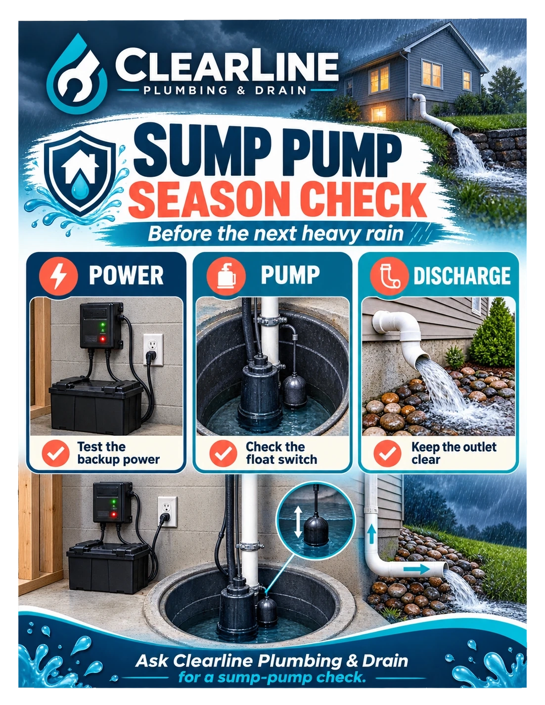 Sump-pump season check: before the next heavy rain; power, pump, discharge — test the backup power, check the float switch, keep the outlet clear.