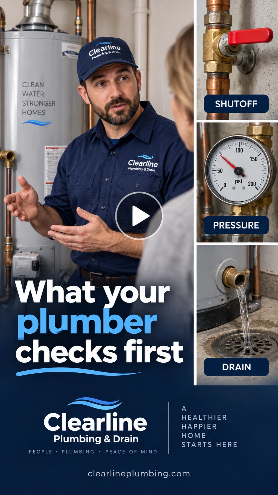 Technician explainer Reel cover: what your plumber checks first; shutoff, pressure, drain, each called out on the unit behind him.