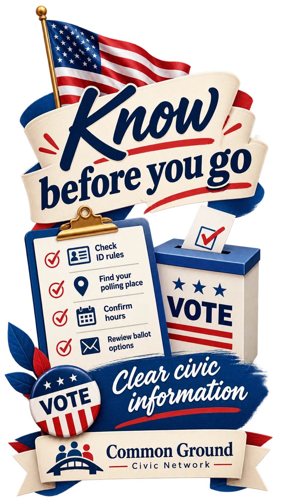Know-before-you-go explainer Reel: ID rules, polling place, hours, ballot options.