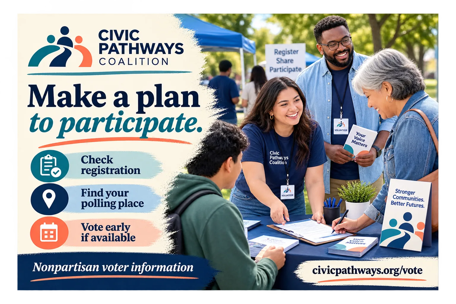Nonpartisan civic postcard: the mailed half of a registration and turnout program.