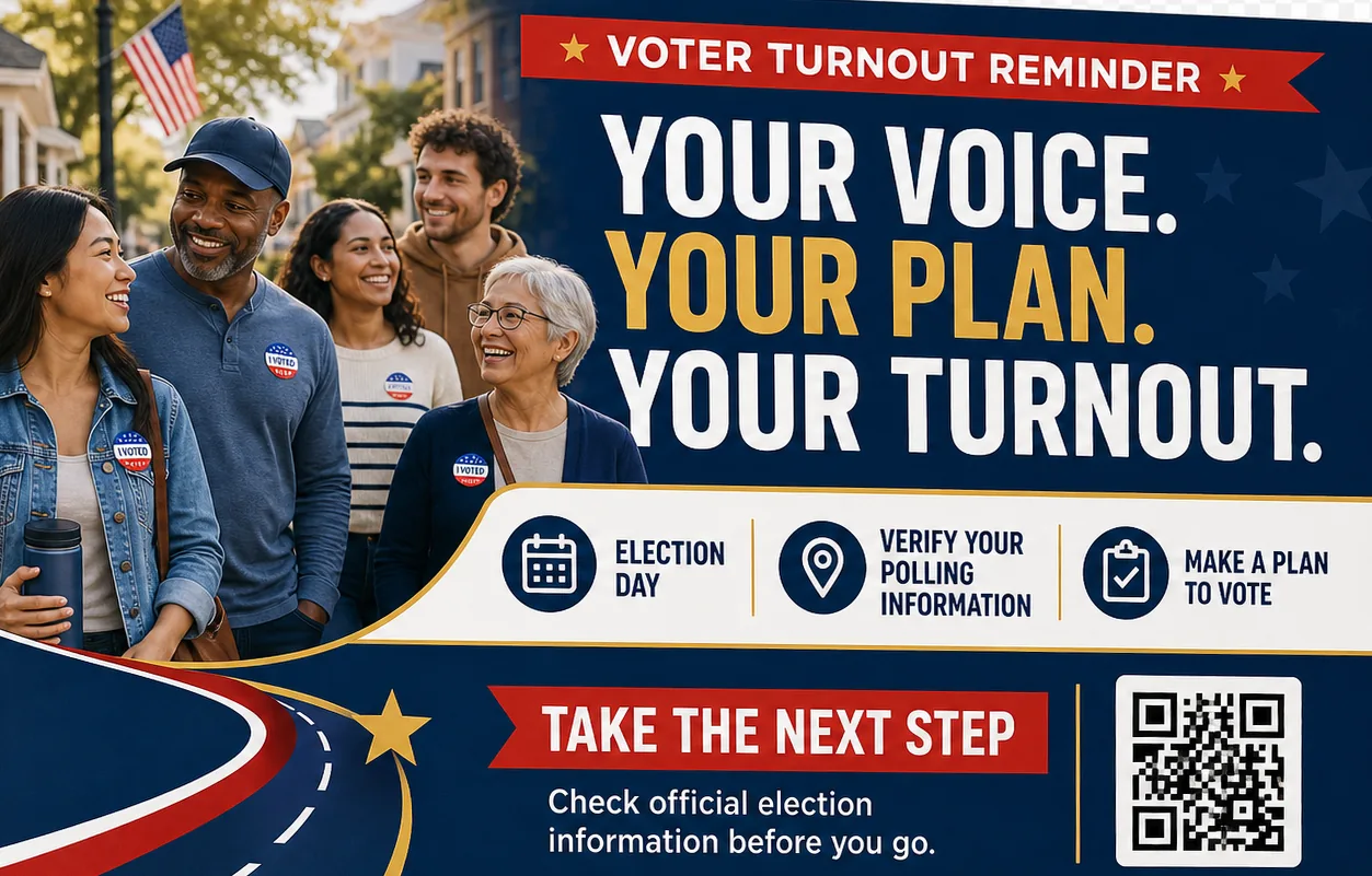 GOTV postcard with variable election-detail fields and a clear turnout action; the notice sits in its own box.