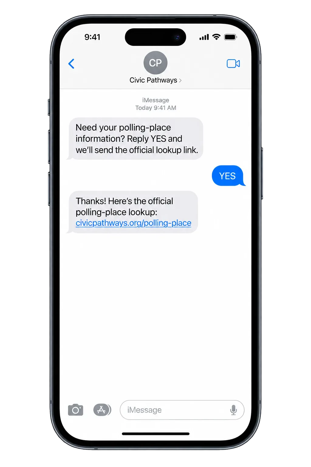 The opted-in half: a polling-place lookup, sent after the voter replies.