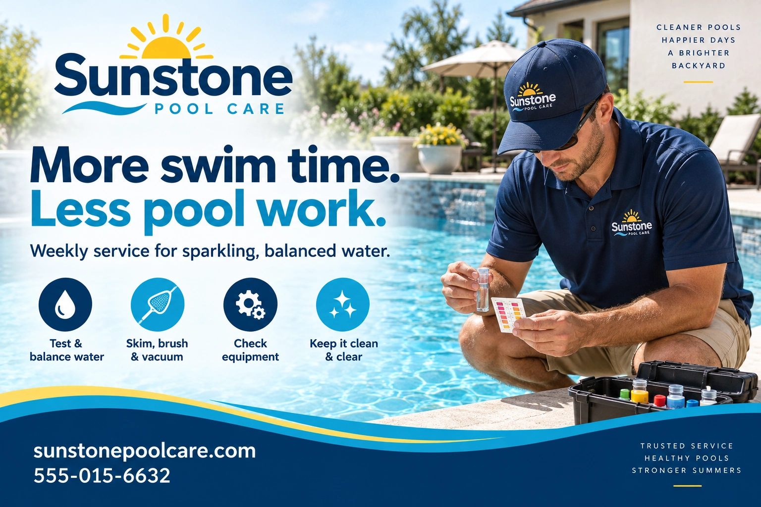 Weekly-service postcard: more swim time, less pool work; weekly service for sparkling, balanced water — test and balance water, skim, brush and vacuum, check equipment, keep it clean and clear; new customers, ask about your first-service offer.