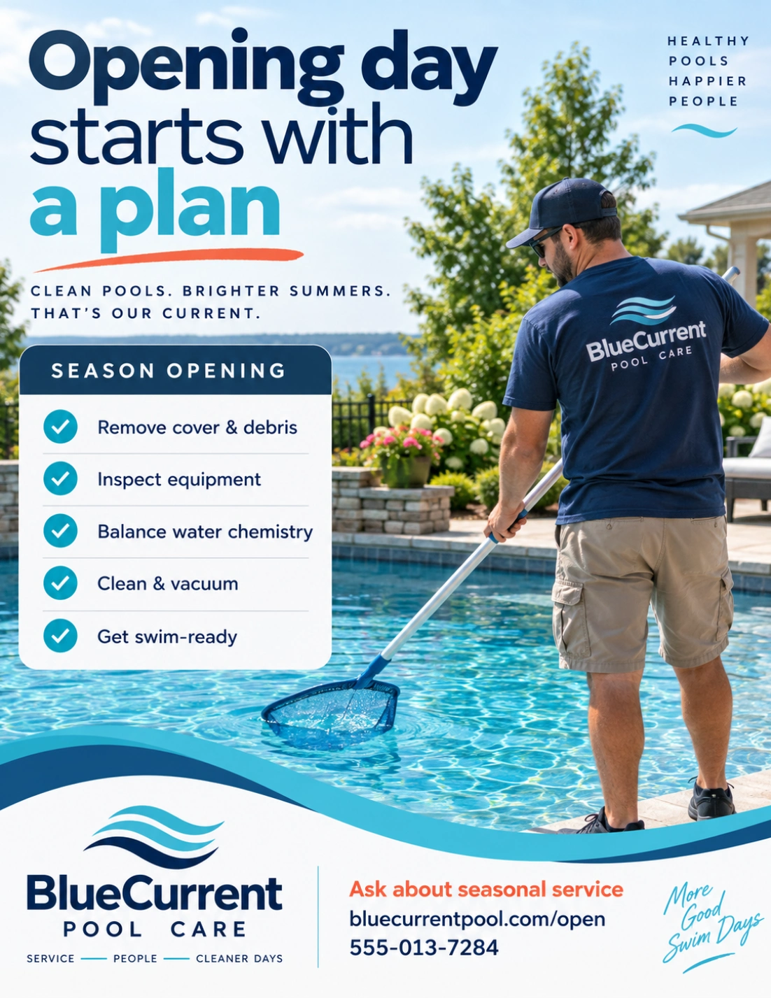 Opening-offer mailer: opening day starts with a plan; a season-opening list — remove cover and debris, inspect equipment, balance water chemistry, clean and vacuum, get swim-ready; ask about seasonal service; bluecurrentpool.com/open.