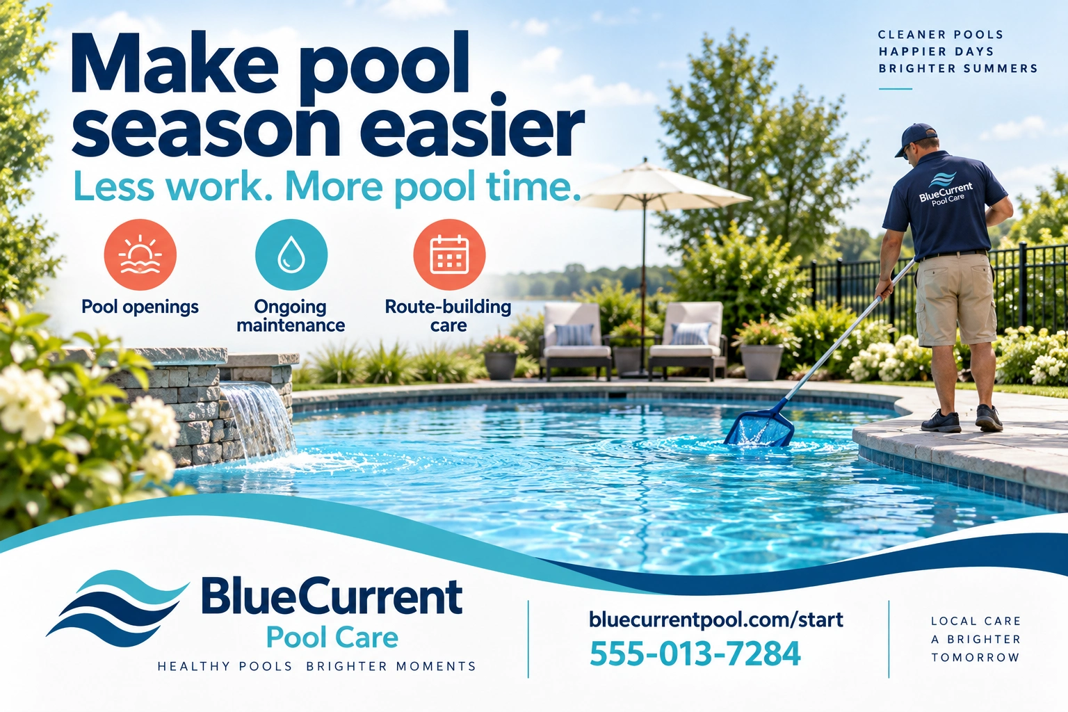 Owner postcard: make pool season easier; pool openings, ongoing maintenance, route building — now adding new customers; less work, more pool time; the address block and stamp box on the back; bluecurrentpool.com/start.
