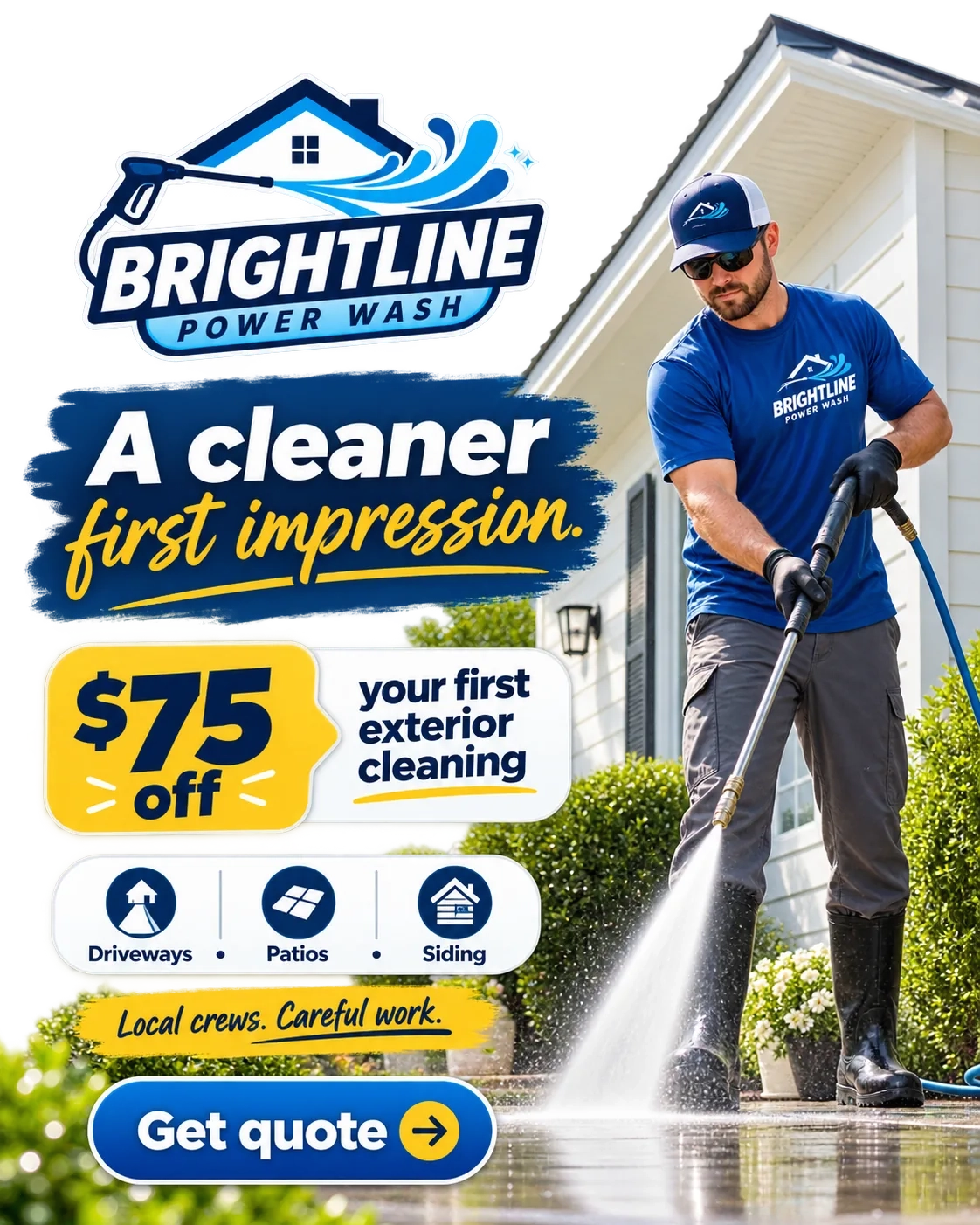 First-time-offer feed unit: a cleaner first impression; the business’s own first-time offer carried in the creative itself; driveways, patios, siding; local crews, careful work; get quote.