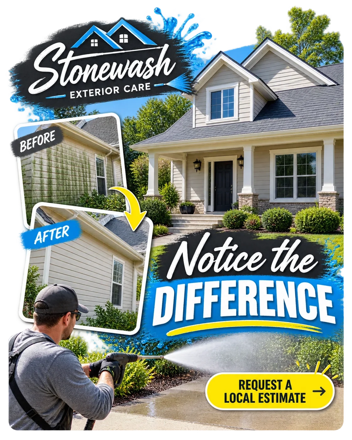 Before/after carousel: notice the difference; the same siding before and after, stacked on the house it belongs to; request a local estimate.