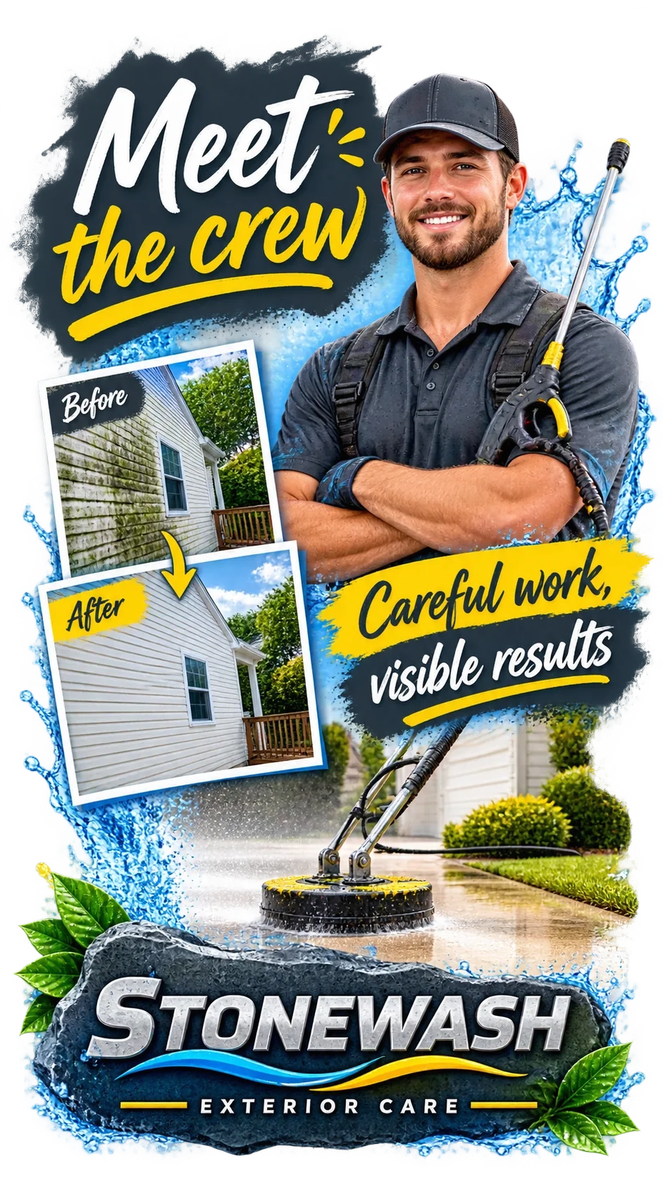Crew Reel cover: meet the crew; careful work, visible results; the washer with the surface cleaner at his feet and the before and after of the same siding beside him.