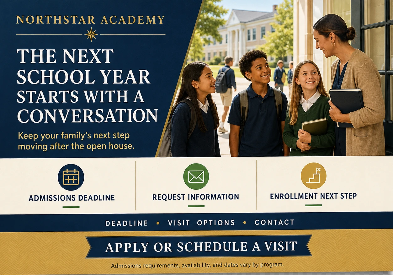 Admissions-deadline postcard: the next school year starts with a conversation, keep your family’s next step moving after the open house; admissions deadline, request information, enrollment next step; apply or schedule a visit, with the note that admissions requirements, availability and dates vary by program.