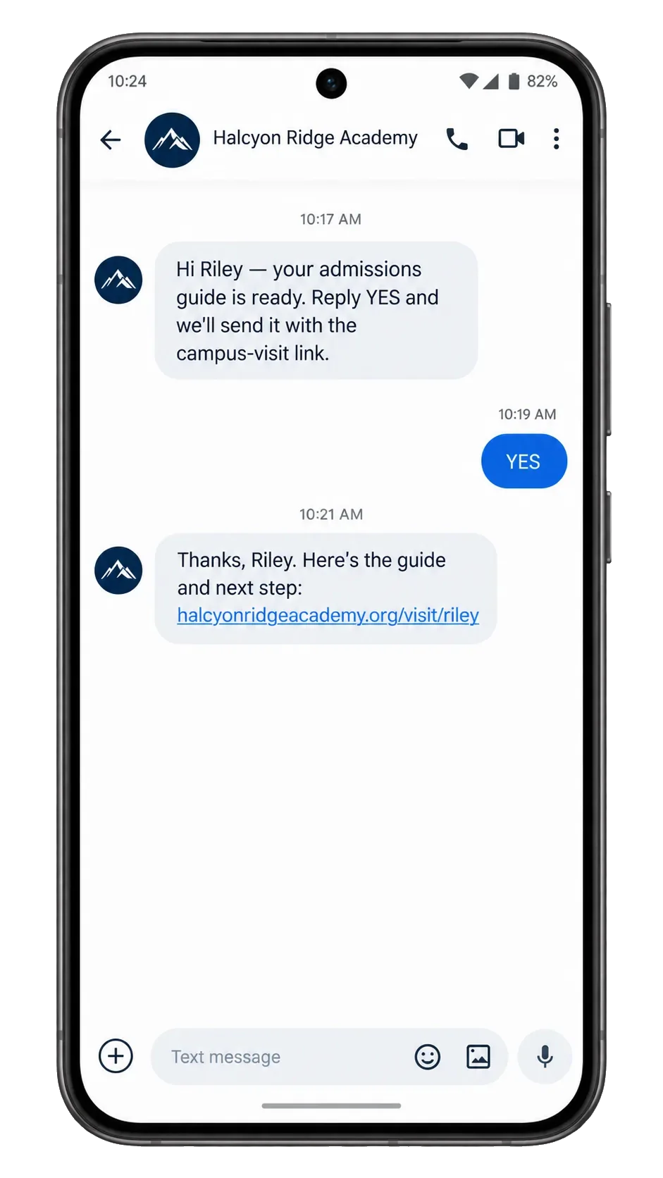 Counselor follow-up text, addressed by first name: your admissions guide is ready, reply YES and we’ll send it with the campus-visit link; the YES; then the guide and next step, the link.