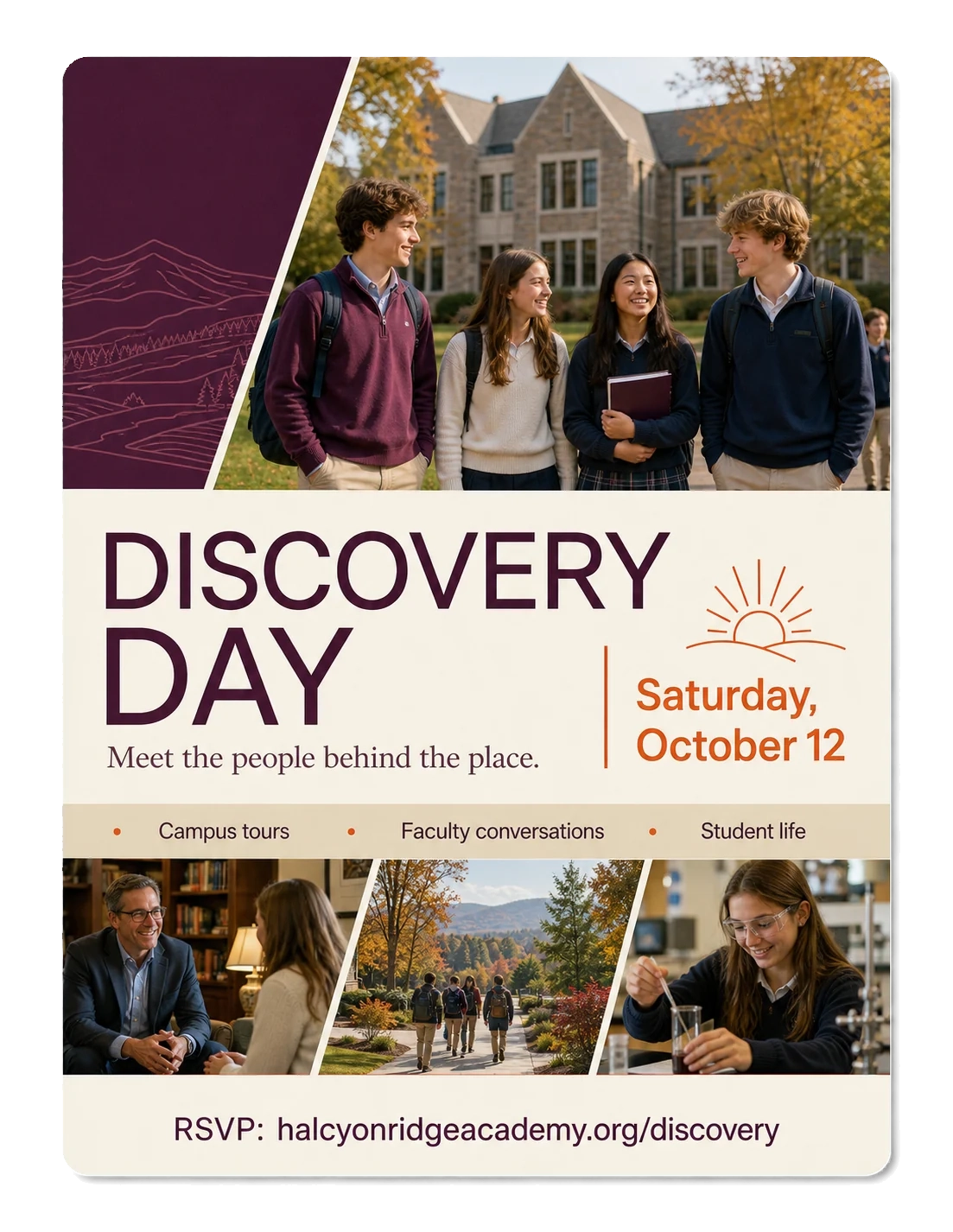 Discovery-day event kit: discovery day, meet the people behind the place, the day printed on the kit; campus tours, faculty conversations, student life; RSVP and the discovery page’s address.