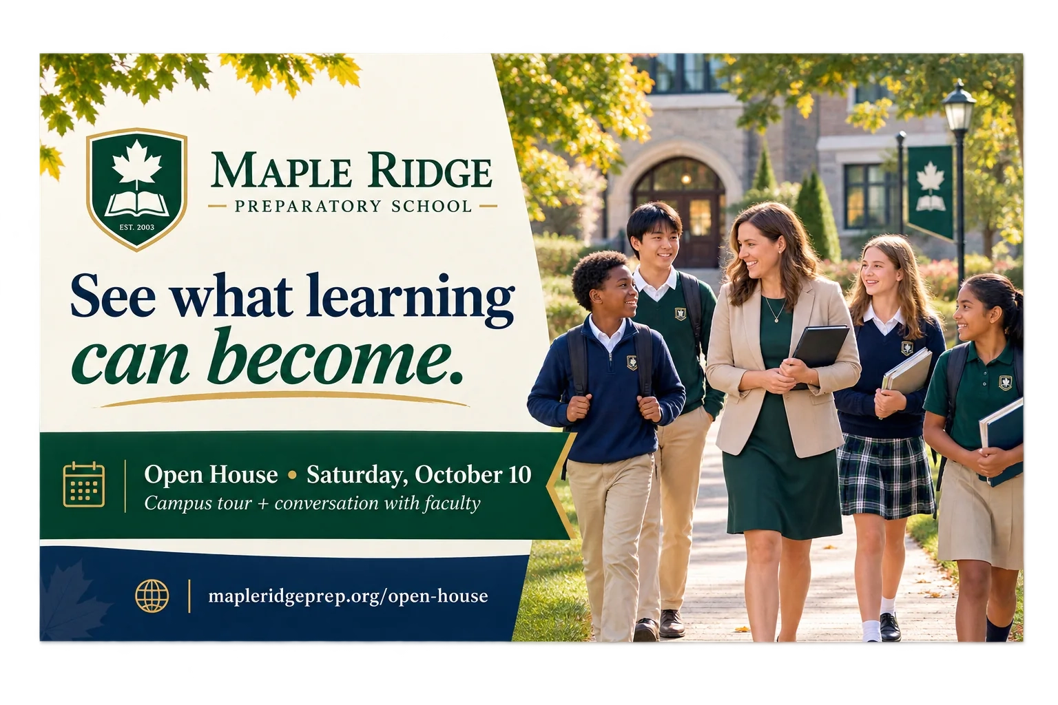 Open-house postcard: see what learning can become; open house, campus tour and conversation with faculty, the day printed on the card; the open-house page’s address.