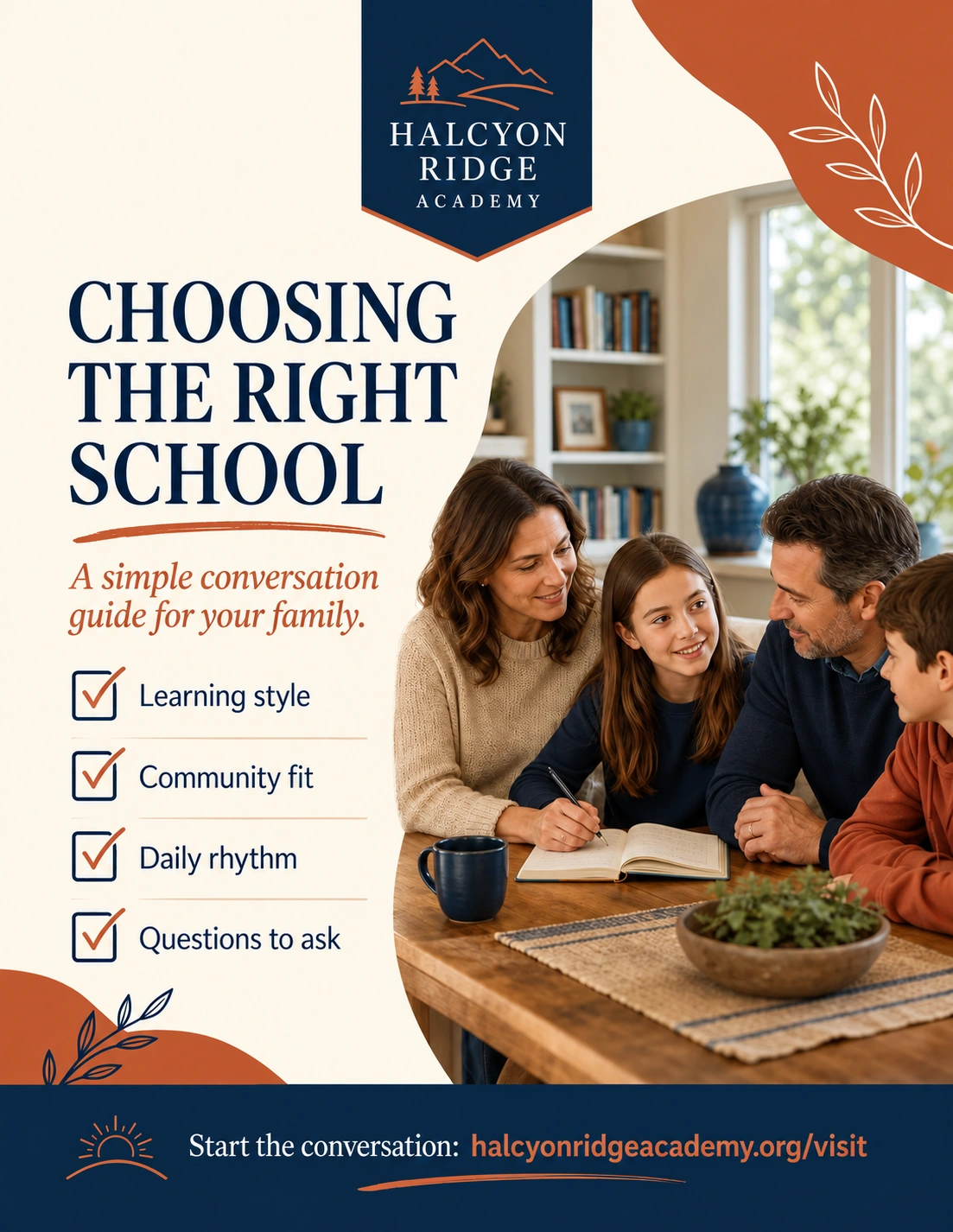 Parent decision guide: choosing the right school, a simple conversation guide for your family; learning style, community fit, daily rhythm, questions to ask; start the conversation, the visit page’s address.
