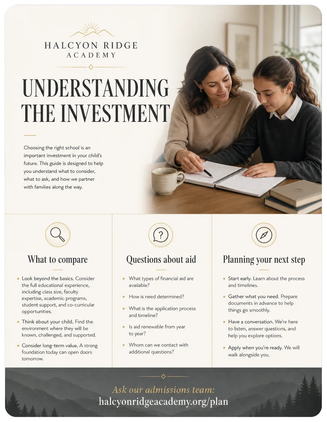 Tuition and value explainer: understanding the investment; what to compare, questions about aid, planning your next step; ask our admissions team, the plan page’s address.