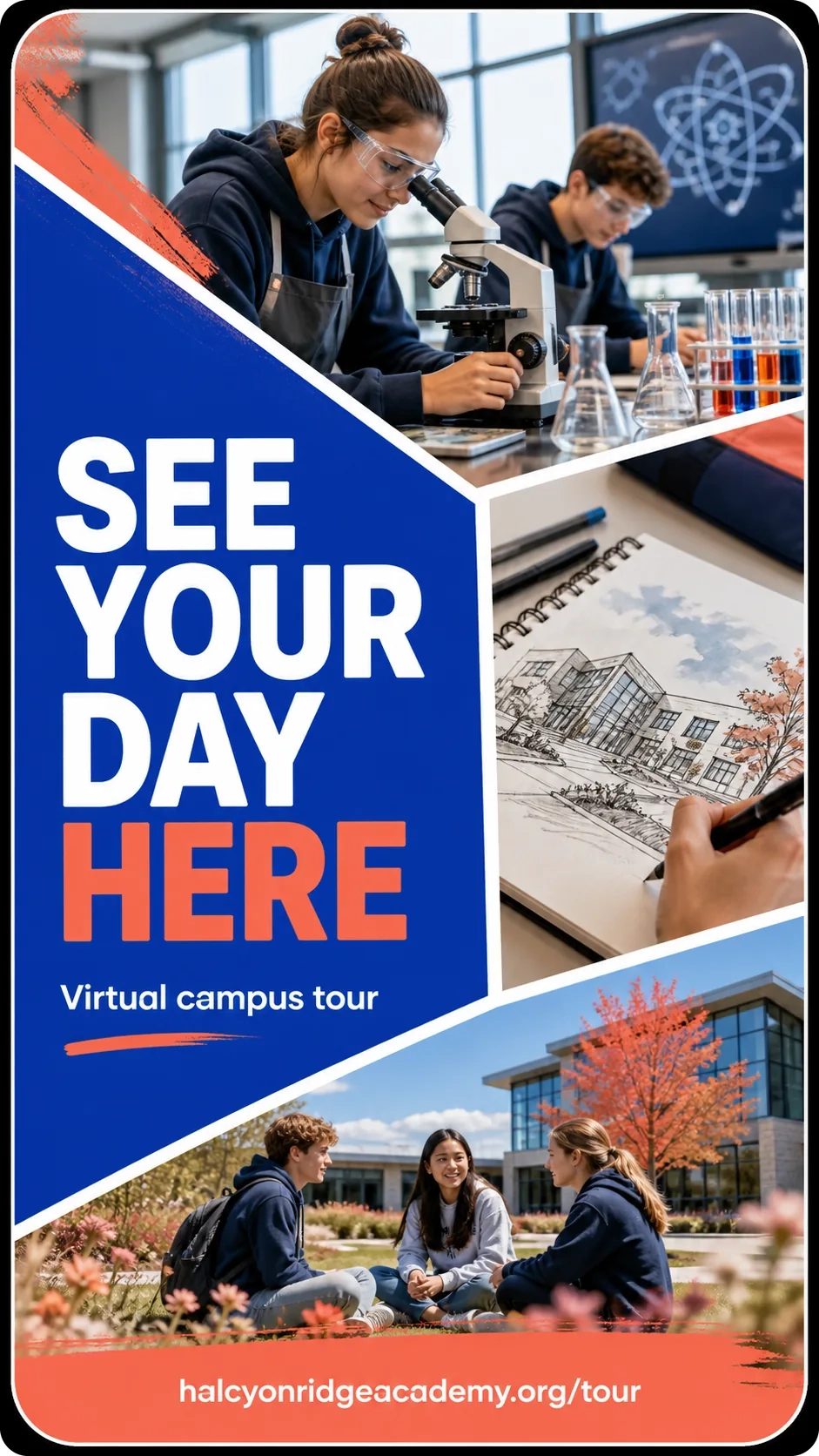 Virtual campus tour Reel: see your day here; the lab, the sketchbook, the quad; the tour page’s address.