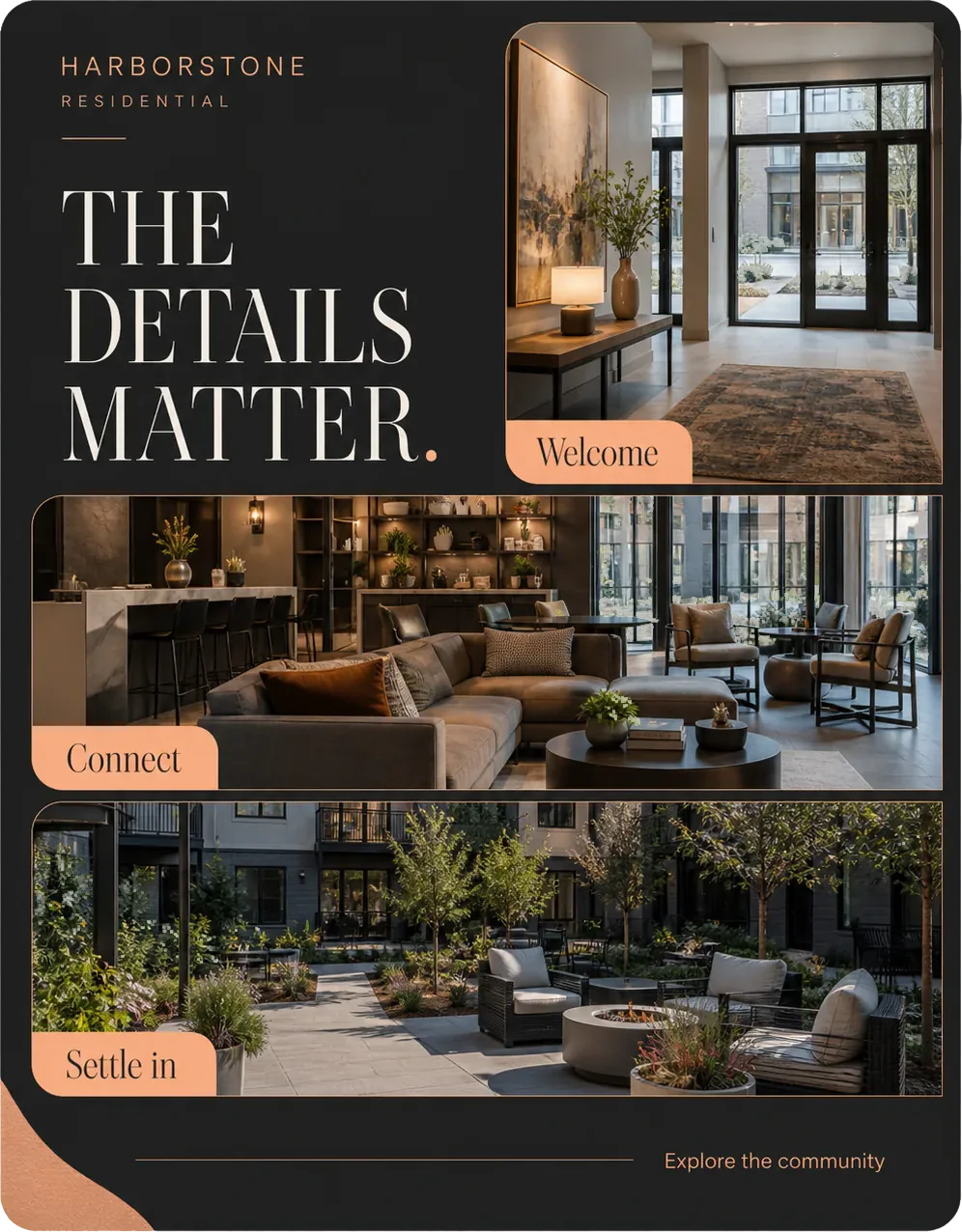 Community-amenity carousel: the details matter, with welcome, connect and settle in marked on three views of the building, and explore the community along the foot.
