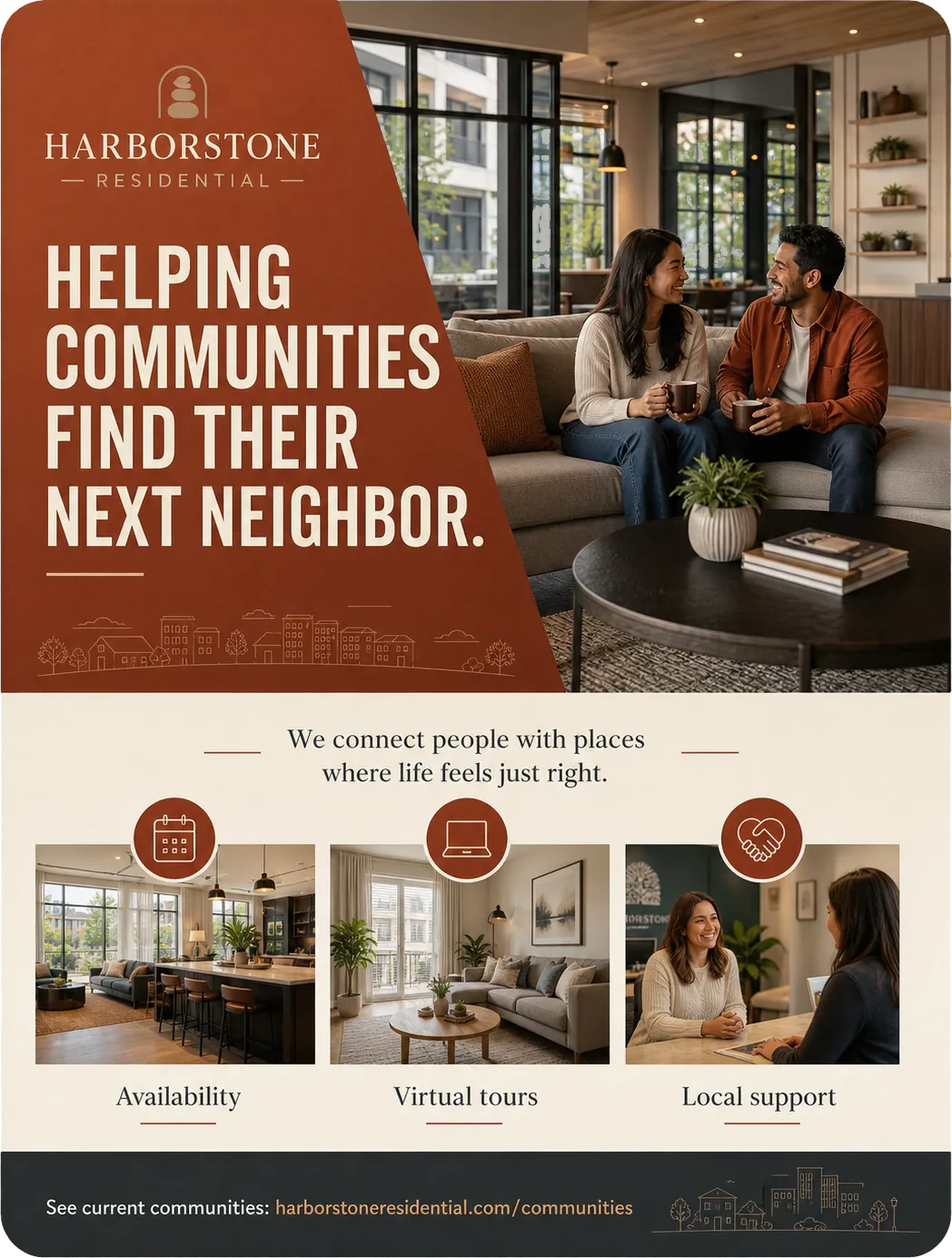 Lease-up brochure: helping communities find their next neighbor, we connect people with places where life feels just right, and availability, virtual tours and local support as three marked panels above the community address.