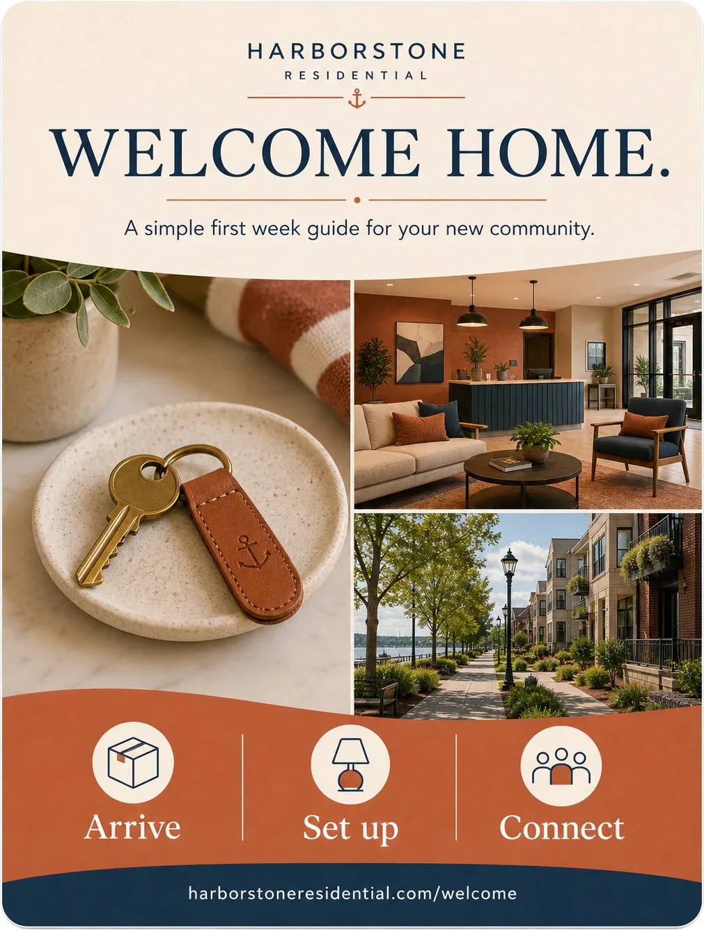 Move-in welcome kit: welcome home, a simple first week guide for your new community, with arrive, set up and connect across the foot and the welcome address beneath them.