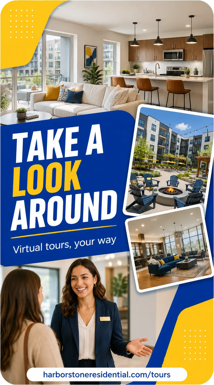 Virtual-tour Reel: take a look around, virtual tours your way, an apartment interior, the courtyard and the community room, and the tours address along the foot.