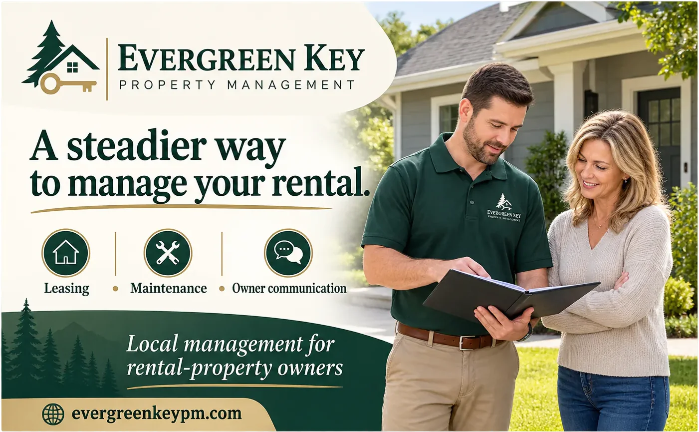 Owner postcard: a steadier way to manage your rental, leasing, maintenance and owner communication as three marked panels, local management for rental-property owners, and the company’s own web address along the foot.
