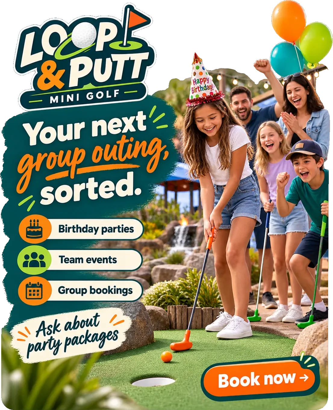 Group-outing feed unit: your next group outing, sorted, under the course’s own lockup, with birthday parties, team events and group bookings as three marked rows, ask about party packages beneath them and book now across the foot.