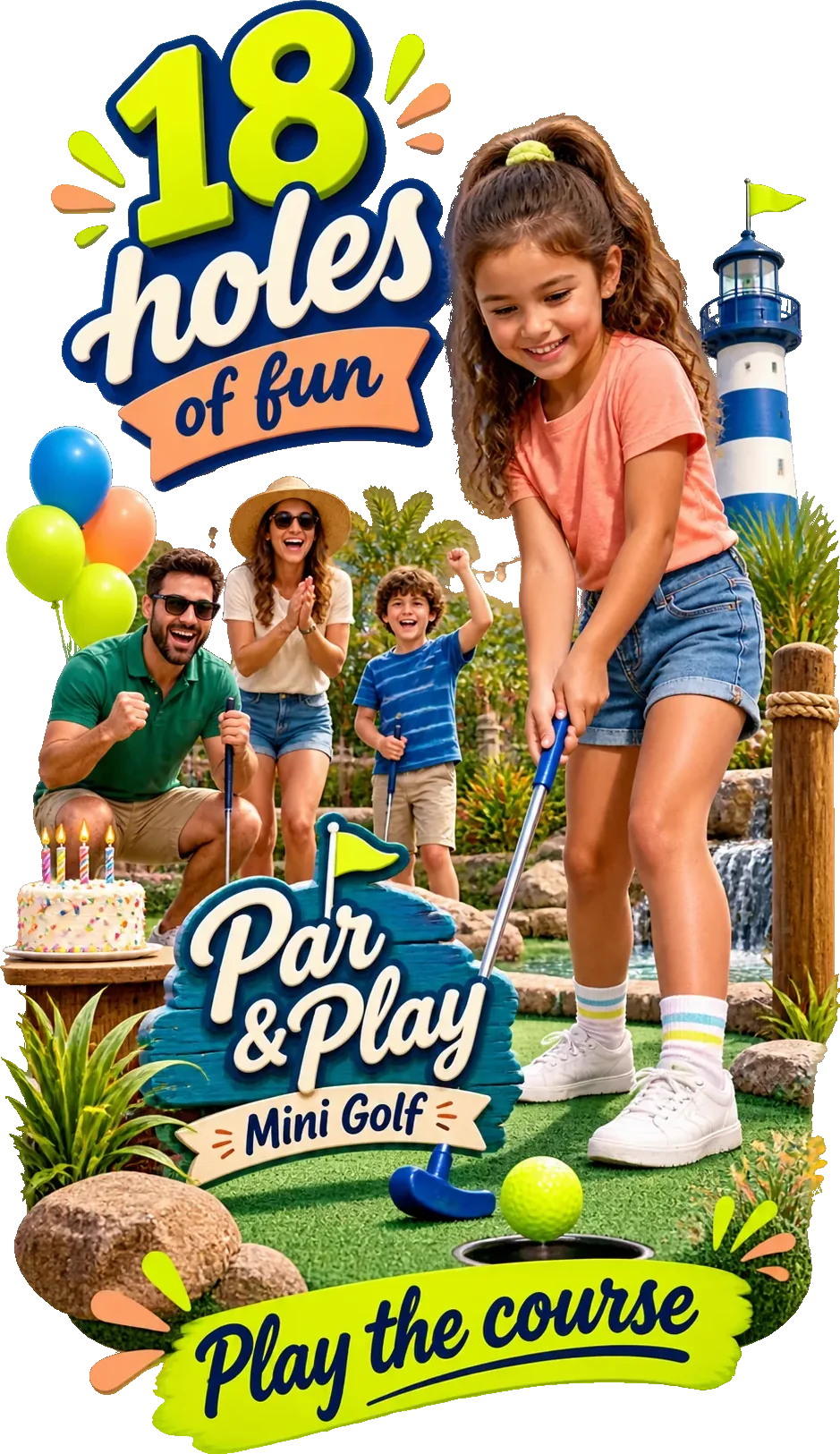 Course-experience Reel: eighteen holes of fun over the course’s own sign, a putt on the green with the waterfall and the lighthouse behind it, and play the course along the foot.