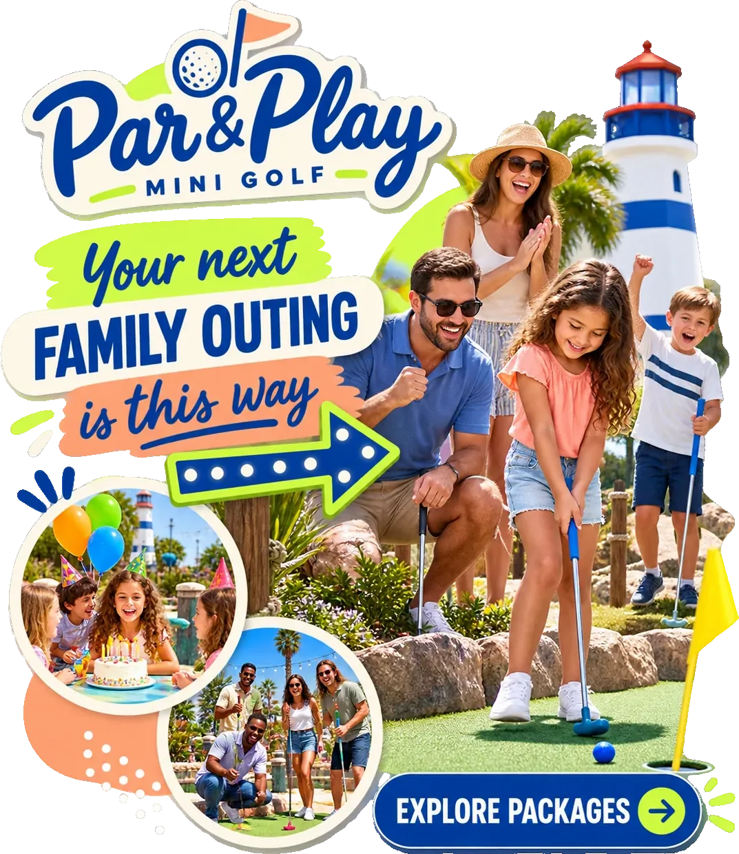Family-package carousel: your next family outing is this way, under the course’s own lockup, with an arrow into two photo circles and explore packages across the foot.