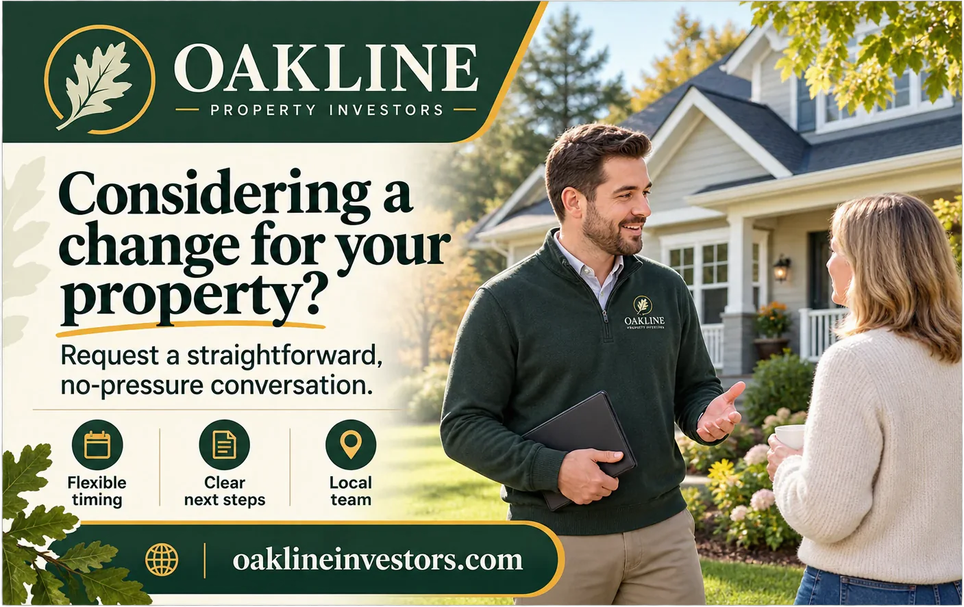 Seller-prospecting postcard: considering a change for your property, request a straightforward, no-pressure conversation, with flexible timing, clear next steps and a local team as three marked panels and the firm’s own web address along the foot.
