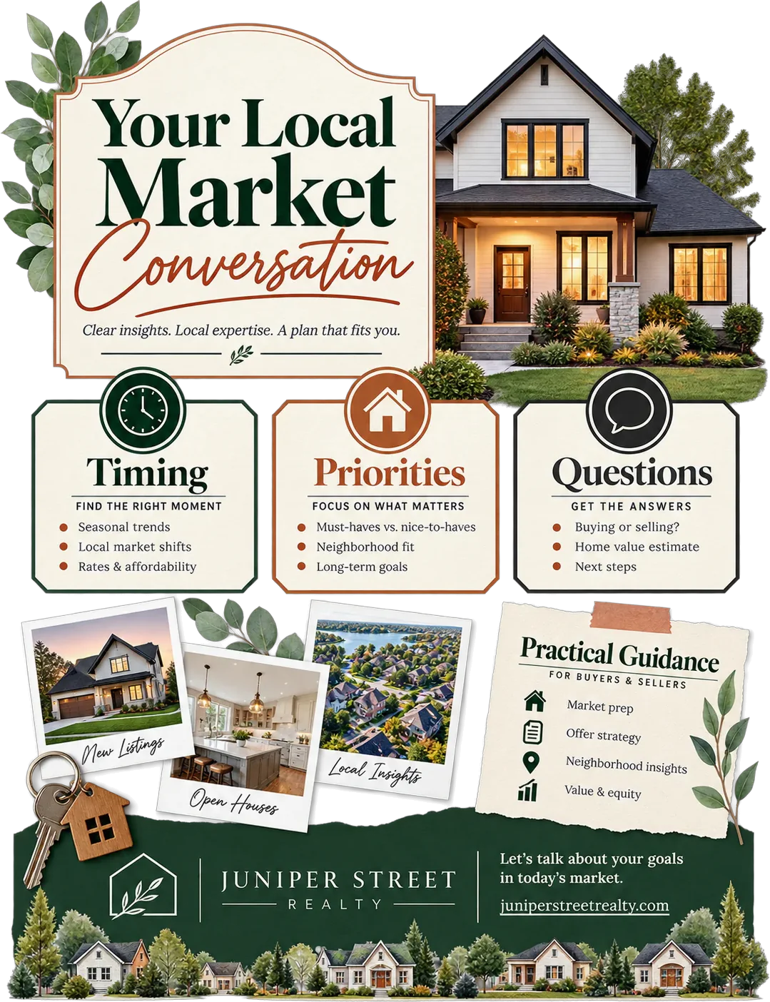 Local market one-sheet: your local market conversation, clear insights, local expertise, a plan that fits you, with timing, priorities and questions as three ruled panels and practical guidance for buyers and sellers beside them.