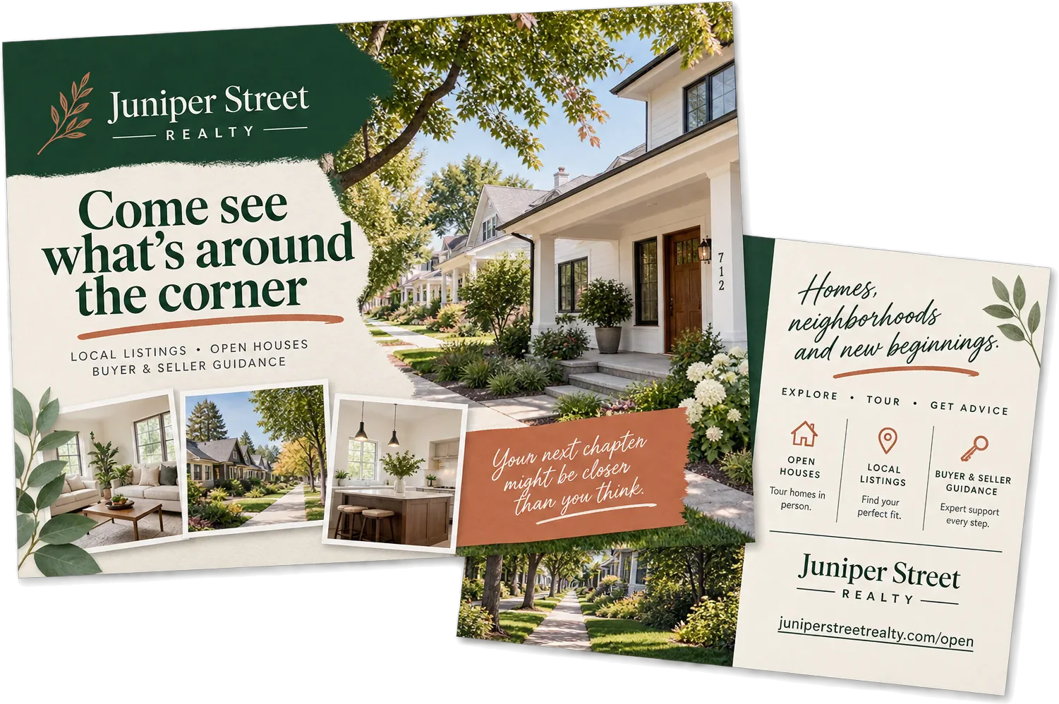 Neighborhood postcard, both sides: come see what’s around the corner, local listings, open houses and buyer and seller guidance; on the back, homes, neighborhoods and new beginnings, with explore, tour and get advice across the top and the brokerage’s own open address at the foot.