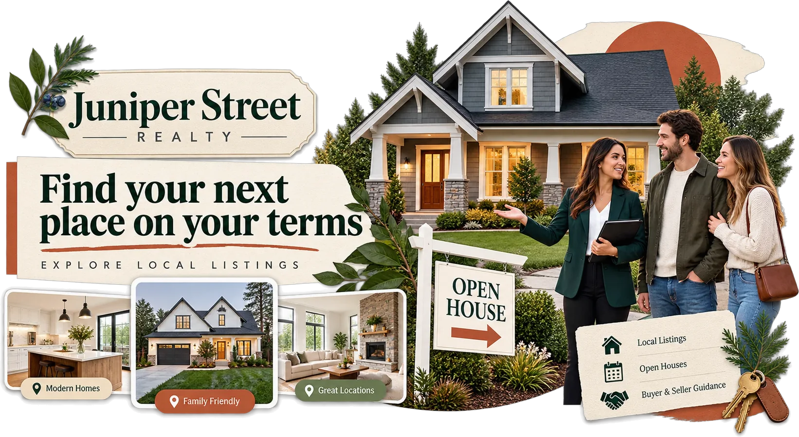 Where the promotion sends people: find your next place on your terms, explore local listings, with modern homes, family friendly and great locations marked on three views and local listings, open houses and buyer and seller guidance beside them.