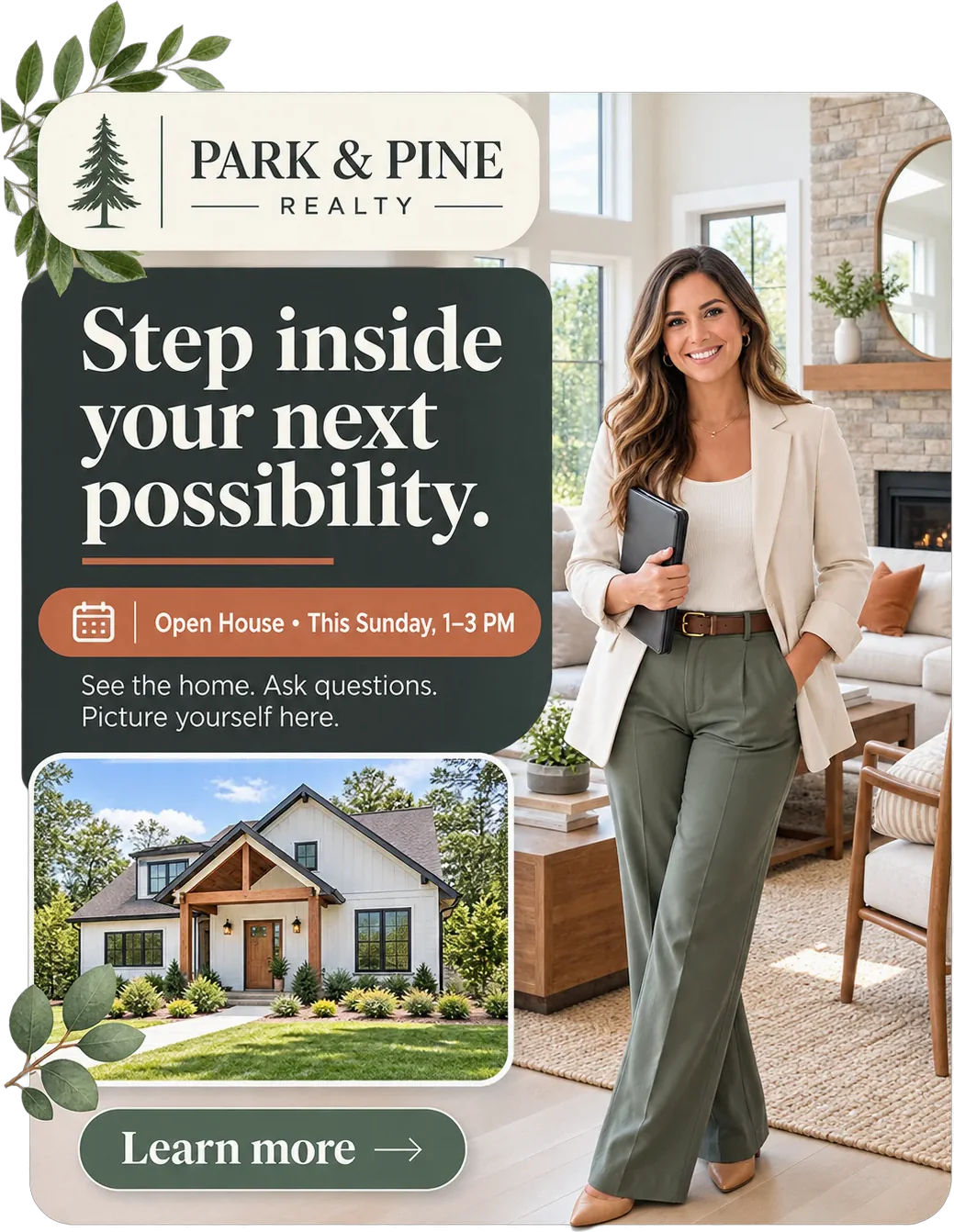 Open-house feed unit: step inside your next possibility, an open house this Sunday from 1 to 3, see the home, ask questions, picture yourself here, and learn more.