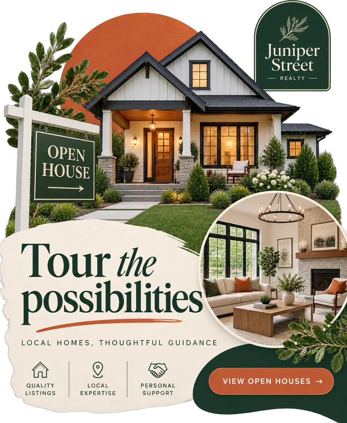 Open-house carousel: tour the possibilities, local homes and thoughtful guidance, with quality listings, local expertise and personal support as three marked panels and view open houses along the foot.