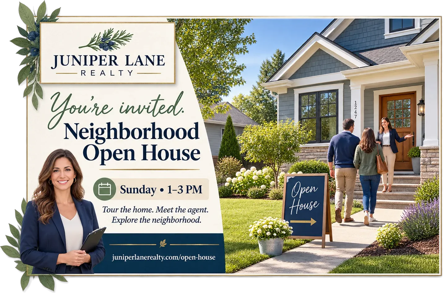 Open-house postcard: you’re invited, neighborhood open house, Sunday from 1 to 3, tour the home, meet the agent, explore the neighborhood, and the brokerage’s own open-house address along the foot.