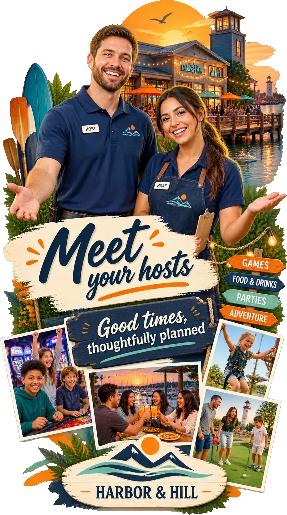Host-profile Reel: meet your hosts, good times thoughtfully planned, two hosts in front of the venue with a signpost of four marked directions beside them, four photographs beneath, and the venue’s own name on a sign at the foot.
