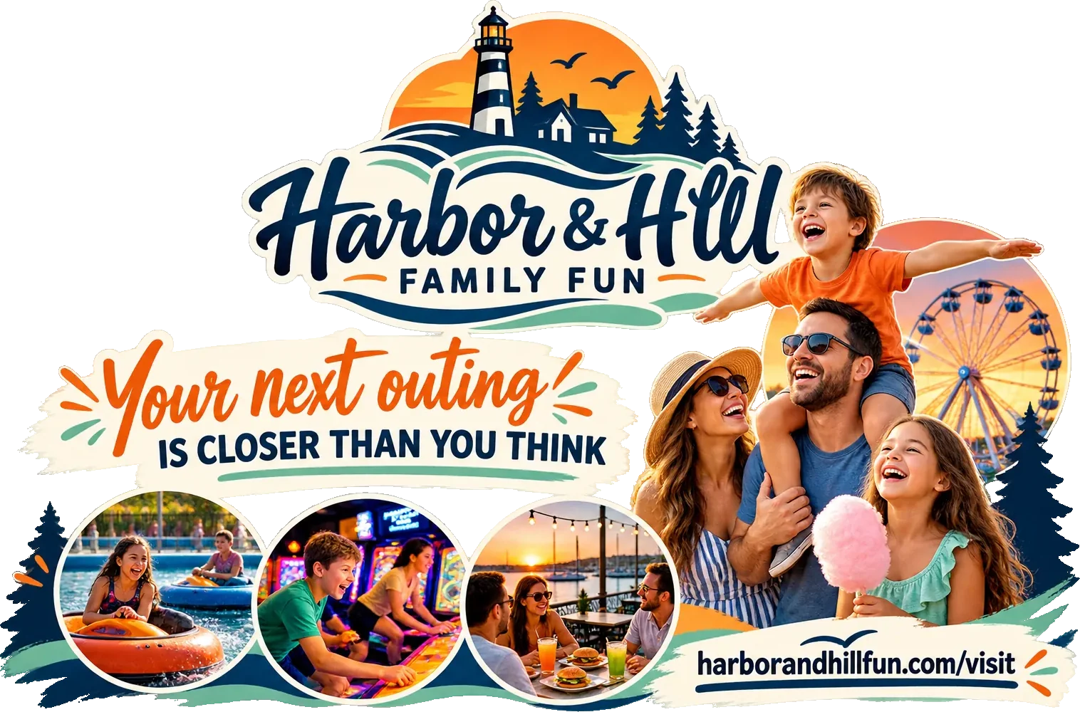 Local-traffic postcard: your next outing is closer than you think, under the park’s own lockup, with three photo circles across the foot and the park’s own visit address beside them.
