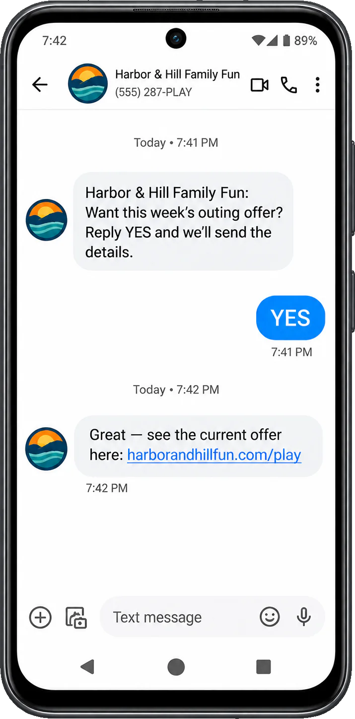 Repeat-visit thread: the park here, want the outing offer, reply YES and we’ll send the details, then the YES and the park’s own play link.