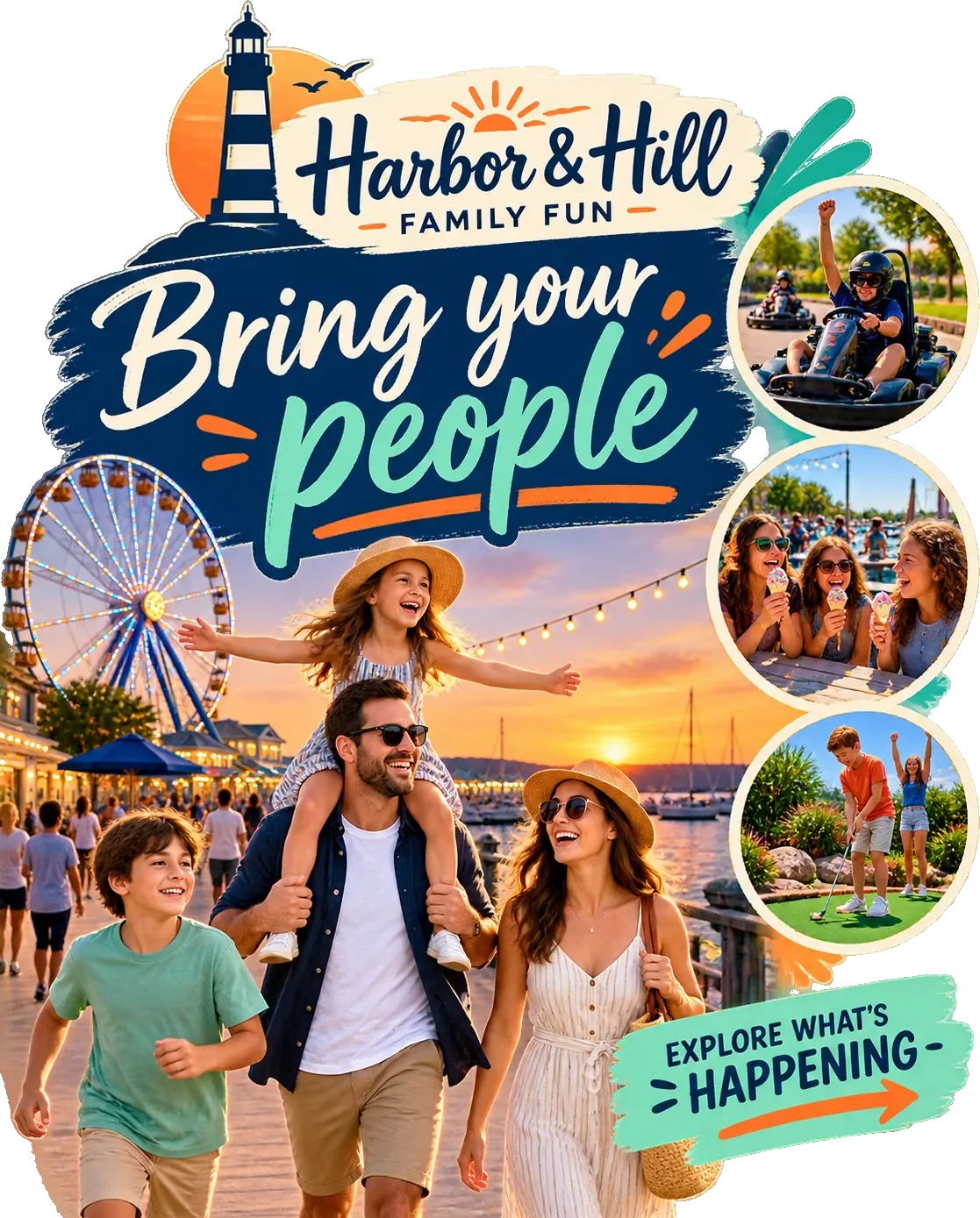Seasonal carousel: bring your people, under the park’s own lockup, with three photo circles down the right and explore what’s happening across the foot.
