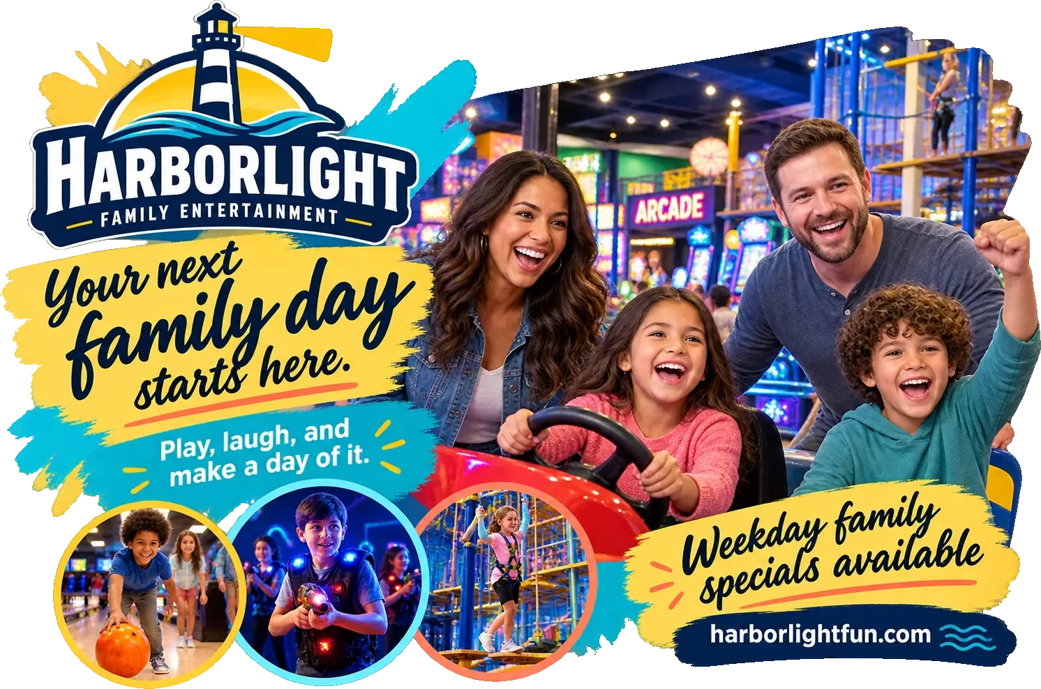 Family-day postcard: your next family day starts here, play, laugh and make a day of it, under the centre’s own lockup, with three photo circles at the foot, a weekday family specials note beside them and the centre’s own web address beneath it.